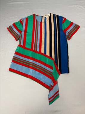 Diane von Furstenberg Silk Borel Striped Asymmetrical Short Sleeve Blouse